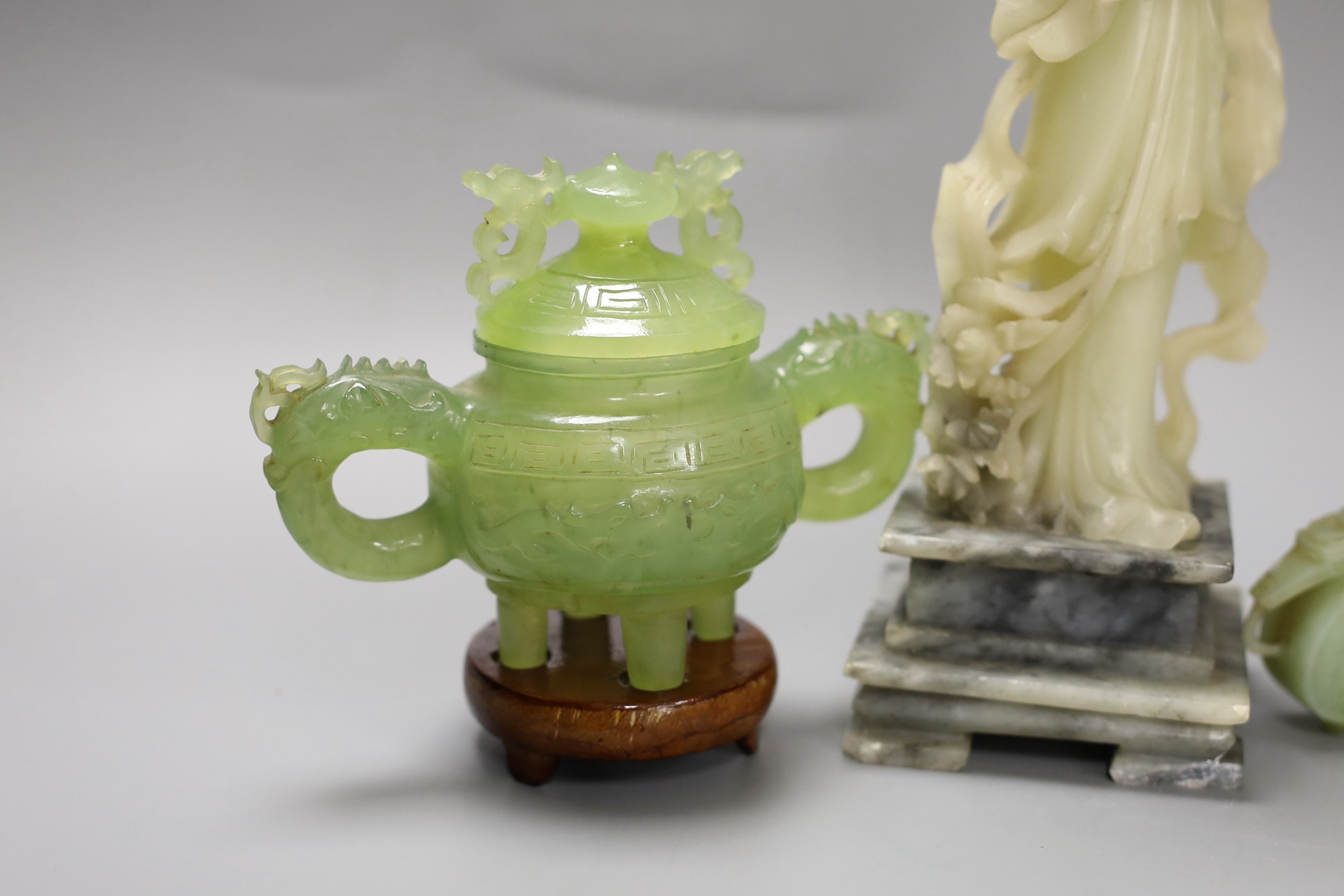 A soapstone figure, a nephrite censer and two hardstone carvings tallest 25cm